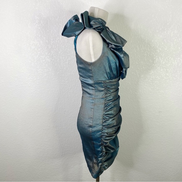 Vintage Cache Turquoise Blue Metallic Ruched Mini Dress - Picture 5 of 7
